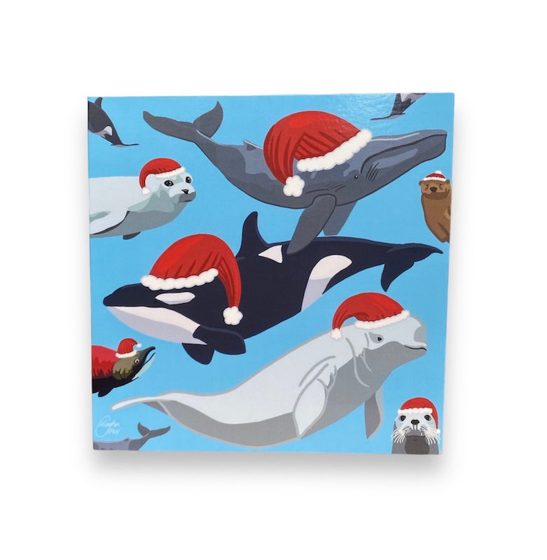 Ocean Christmas Card- Sea Animals in Santa Hats