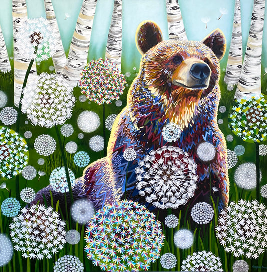 Smells like Spring, 4x4ft Bear in Dandelion Field Painting