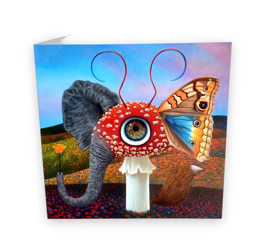 Surreal Creature Art Card- Elephant Butterfly Mushroom Fox