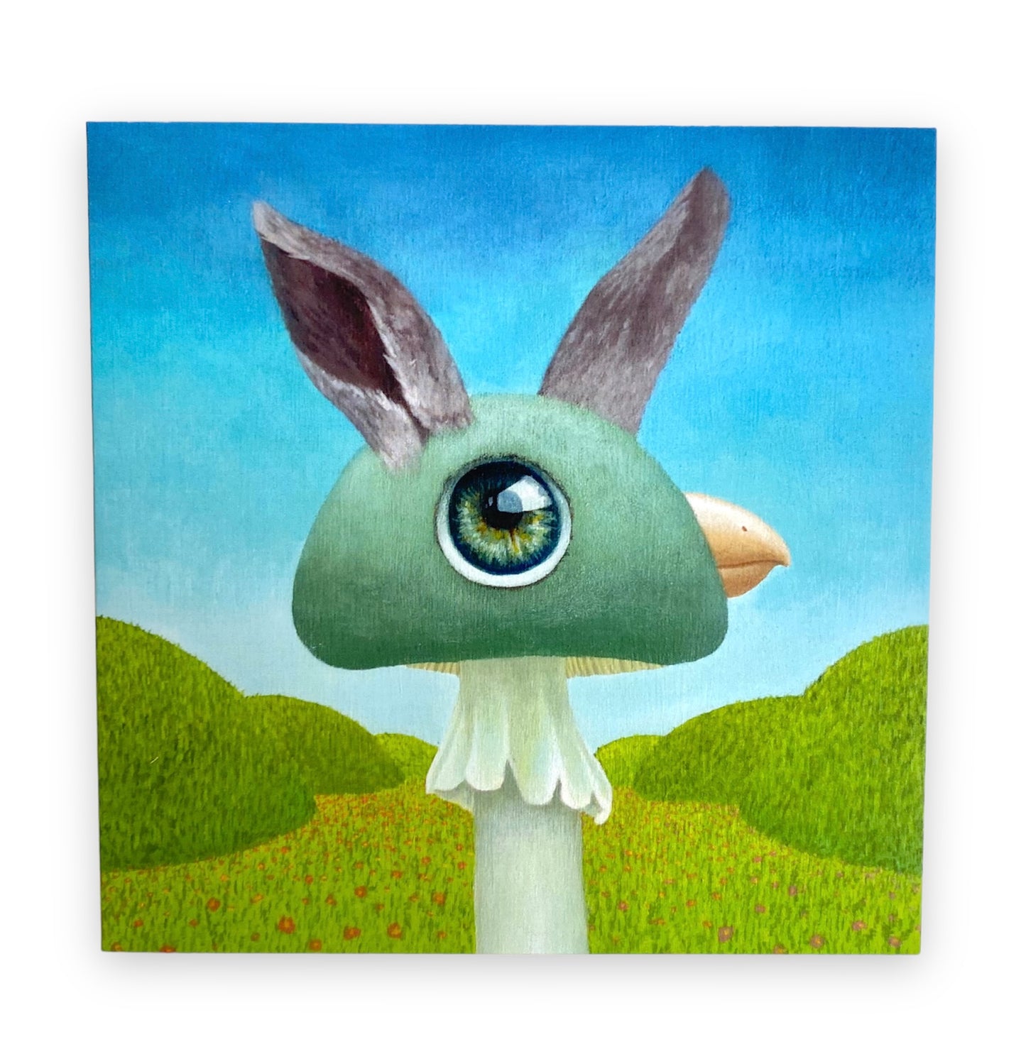 Tarjeta de arte de criatura surrealista- Seta de pájaro conejito