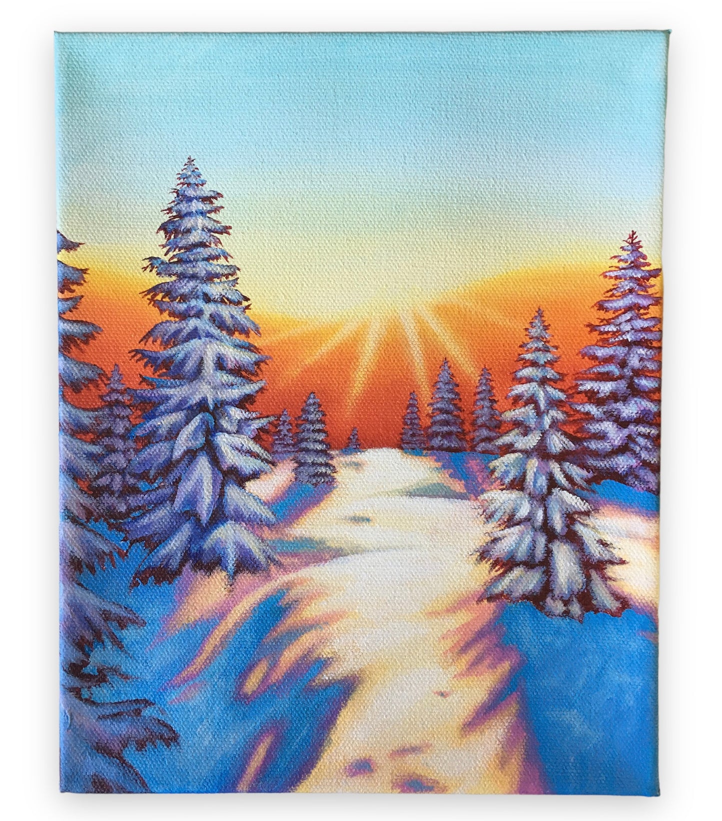 Pintura del atardecer del árbol nevado